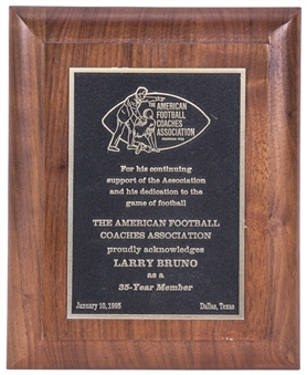 1995 The American Football Coaches Association Acknowledgement Plaque Presented to Larry Bruno as a 35-Year Member (Holtz LOA) 